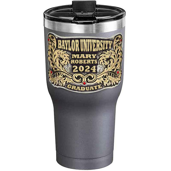 A customized tumbler made of stainless steel with a personalized engraved name and Baylor University lettering, 30 oz, ideal for coffee or cool drinks